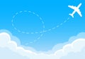 Plane following a path in the sky. Airplane track or route with dotted lines. Air travel concept with aircraft. Vector